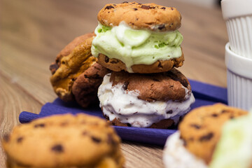 Chocolate chip ice cream cookie sandwiches with vanilla, chocolate and pistachios