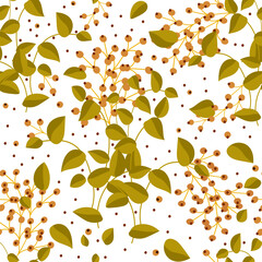 pattern with sea buckthorn branches and berries on a white background