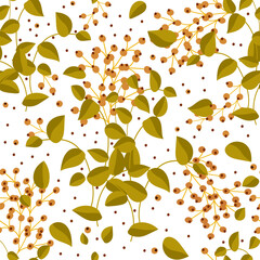 pattern with sea buckthorn branches and berries on a white background