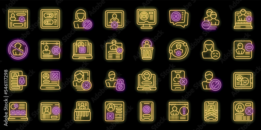 Aufkleber deleting social account icons set outline vector. delete addiction. app block neon color on black