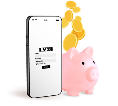 Online banking. Mobile phone with internet online bank app. Piggy bank with hundred dollar bill on white background. Save money business wallet.