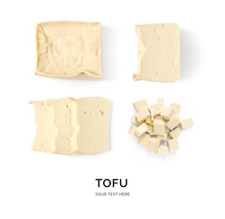 Creative layout made of tofu. Flat lay. Food concept. Tofu on white background.