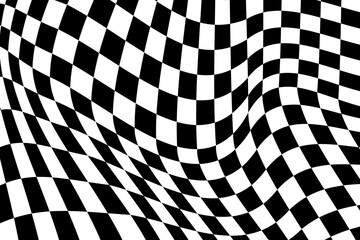 Psychedelic pattern with warped black and white squares. Distorted race flag texture. Checkered optical illusion. Wavy chess board background. Trippy checkerboard surface - obrazy, fototapety, plakaty