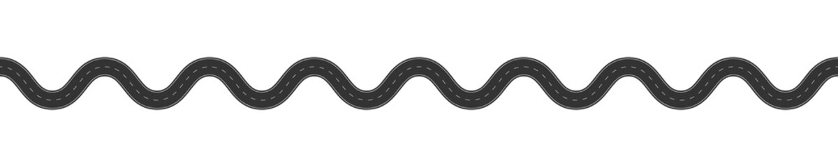 Horizontal waving asphalt road with marking. Top aerial view. Seamless highway template. Element of roadway isolated on white background. Part of city map. Vector graphic illustration