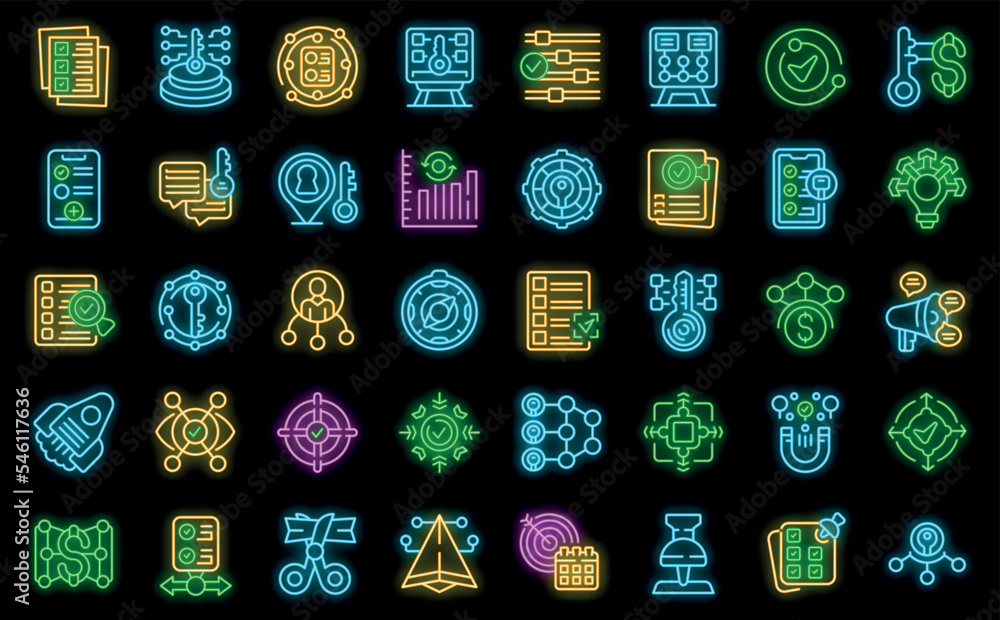 Poster key points icons set outline vector. path process. escape answer neon color on black