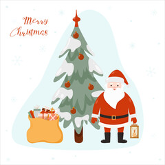 Cute and cheerful Santa Claus is standing by the Christmas tree with a big bag of gifts. Design for greeting card, invitation, poster, website. Vector illustration