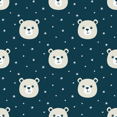 Vector seamless pattern with cute muzzles of polar polar bears