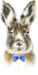 Watercolor bunny illustration, rabbit hare drawing, detailed realistic animal portrait,head,face. Easter bunny character with flowers,glasses,beads ,pin up look, easter egg hunt greeting card, poster