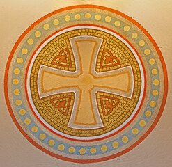 VIENNA, AUSTRIA - FEBRUARY 17, 2014: Cross in the round. Detail from fresco on the wall in Carmelites church in Dobling. - obrazy, fototapety, plakaty