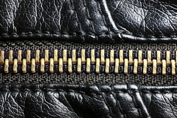 Metal zipper background. Black leather jacket. Autumn and winter fashion texture. Closed fastener. Zipped zipper. Fabric design pattern. Closeup clothing zipper.