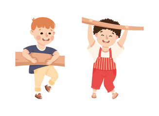 Happy Boy Playing on Tree Hanging on Branch Having Fun Enjoying Summer Vector Set