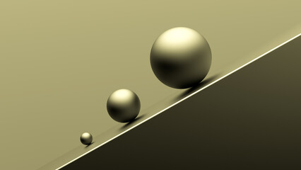Metallic golden balls of different sizes on an inclined surface. Descent or ascent of the balls is a blank abstract concept, banner, wallpaper. 3D render.
