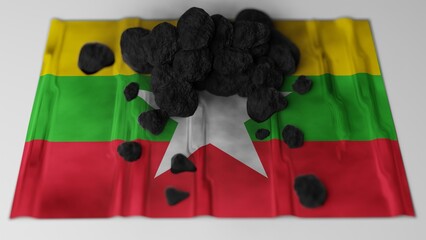 Coal on top of the flag of Myanmar (formerly Burma) (3D render)