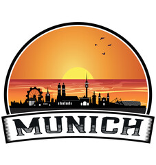 Munich Germany Skyline Sunset Travel Souvenir Sticker Logo Badge Stamp Emblem Coat of Arms Vector Illustration EPS - obrazy, fototapety, plakaty