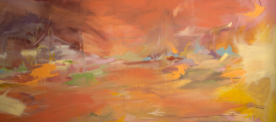 Modern art. Closeup view of a vivid and colorful abstract painting. Strong brushwork texture, pattern and colors.