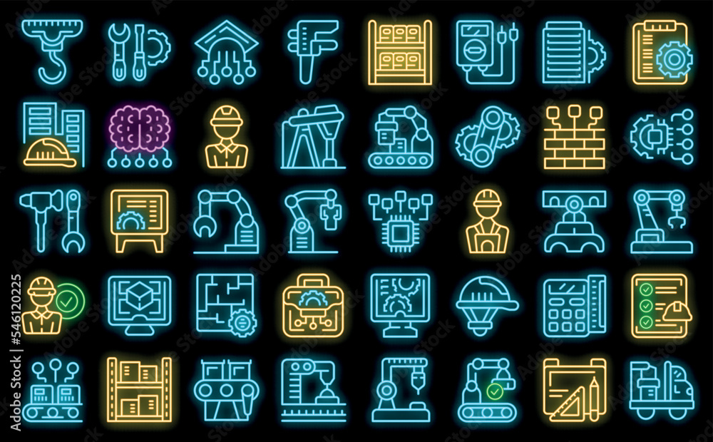 Poster engineer factory icons set outline vector. machine work. technical computer neon color on black