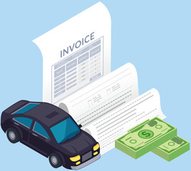 Car near check for payment, receipt for purchase of vehicle. Buying auto using bank transaction. Online shopping invoice form for automobile. Accounting bill for car payment vector illustration