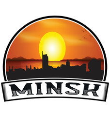 Minsk Belarus Skyline Sunset Travel Souvenir Sticker Logo Badge Stamp Emblem Coat of Arms Vector Illustration EPS