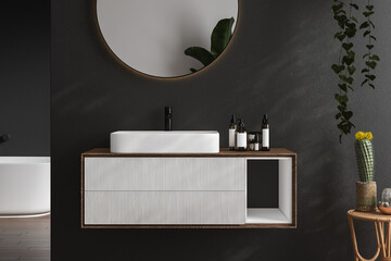 3D render an wooden vanity counter with white ceramic washbasin and modern style black faucet in a bathroom with morning sunlight and shadow. Blank space for products display mockup. 3D Rendering
