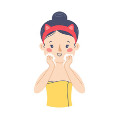 Illustration of a beautiful woman taking care of her skin and washing her face with foam