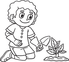 Obraz na płótnie Canvas Earth Day Boy Planting Isolated Coloring Page 
