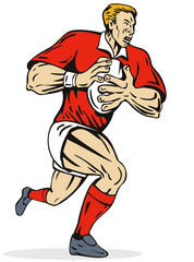 illustration of a rugby player running with the ball on isolated background