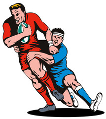 illustration of a rugby player running passing the ball being tackled on isolated background