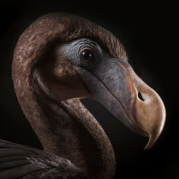 close up of the portrait of the ancient extinct flightless bird: Dodo, Raphus cucullatus species. Endemic to the Mauritius island. 3D rendering isolated on black background.