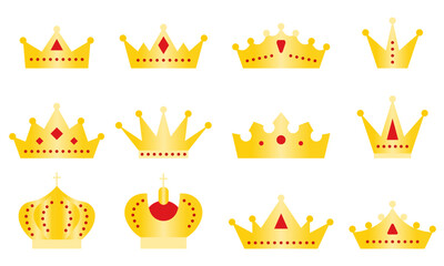 Crown royal gold icon set. Kingdom luxury symbol. King monarch tiara golden pictogram isolated on white. Royal majestic treasure. Queen crowns yellow gradient heraldic jewelry sign. Imperial insignia