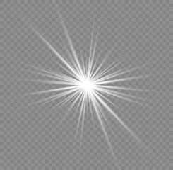 Set of glowing white stars bursts with sparkles. Sunlight special lens flare light effect. Shine, sparks, flash on transparent background. Glowing lights, star sparkl. Transparent shining sun. Vector.