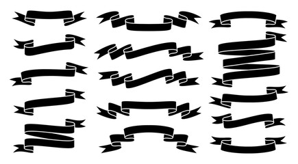 Ribbon silhouette black signs set. Tape glyph retro element. banner. Winner presentation isolated icon white background. Old empty symbol. Signboard invitation shop. Decorative price tag sale