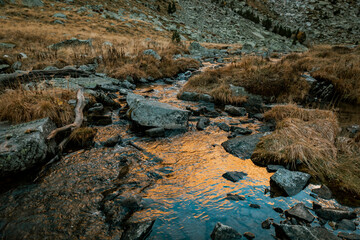 River crossing a valley with a mountain in the background