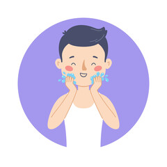 Illustration of a beautiful young man taking care of her skin and washing her face with water