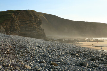 Dunraven Bay, Wales, United Kingdom, Great Britain. Layers of limestone and shale cliffs and...