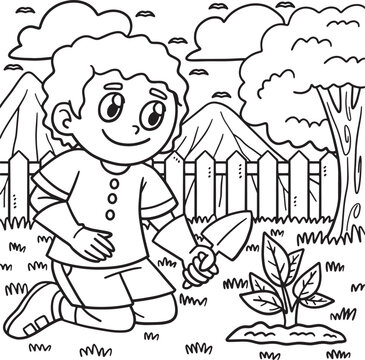 Earth Day Boy Planting Coloring Page for Kids
