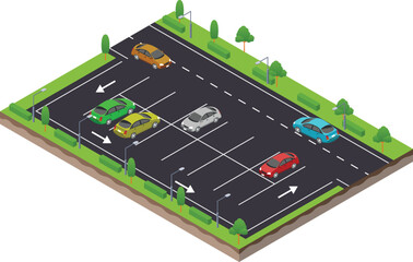 isometric scene of parking spot in highway traffic road with car