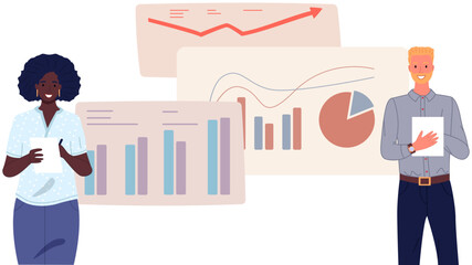 Business people communicating in office discuss statistics, analyze different charts and graphs. Financial accounting concept. Organization process, analytics, planning, report, market analysis