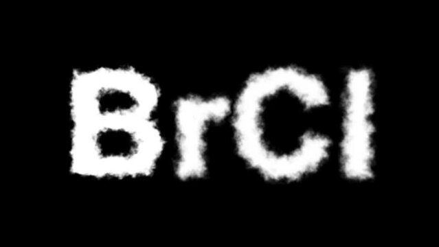 BrCl or Bromine Chloride Molecule Symbol Smoke Cloud Text Effects Animation on Black Background and Green Screen