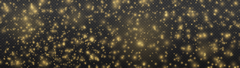 Blur yellow sparks and glitter special light effect. Fine, shiny bokeh dust particles fall off slightly. Defocused golden sparkle, stars and blurry spots. Magical gold flickering lights. Vector.