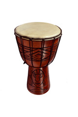 Traditional  wooden music instrument with hand carved ethnic design. Djembe Drum (jimbé) is a rope-tuned covered goblet drum played with bare hands, originally from West Africa.