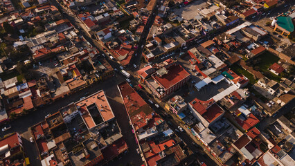 Details of the streets of the magical town of Metepec, Mexico from an aerial view