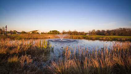Sunrise over a water fountain