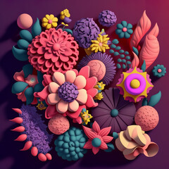 knolling 3d illustration of flowers squishy puffy texture in cozy colors on a dark red background