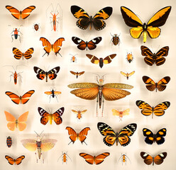 Exposition of variety of dead butterflies and bugs on board under glass - obrazy, fototapety, plakaty