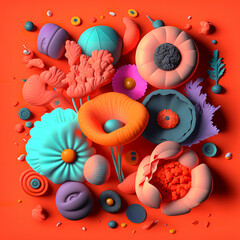 Obraz na płótnie Canvas knolling illustration of flowers squishy puffy texture in cozy colors orange background