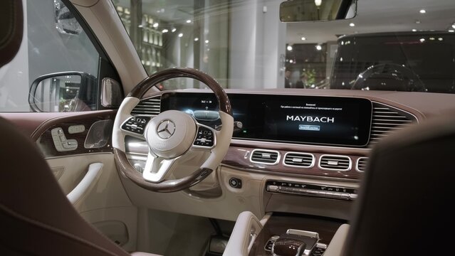 Luxurious interior of the new Mercedes Maybach GLS. Dashboard, steering wheel.. Moscow, Russia - Oct, 2022