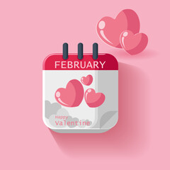 Valentine day calendar icon with pink color. Feburary month. Valentine day flat 3d icon. EPS10 format