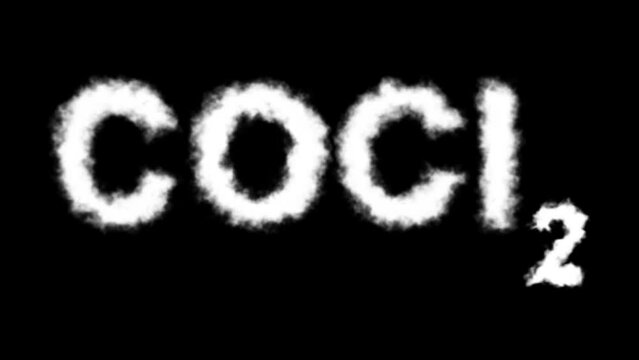 COCl2 or Phosgene Molecule Symbol Smoke Cloud Text Effects Animation on Black Background and Green Screen
