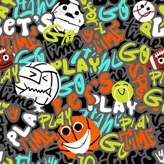 Seamless pattern with graffiti words and sport’s balls. Background for textile, fabric, kids, stationery, clothes, swim wear and other designs.