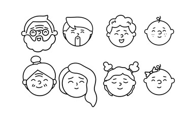 Set of icons of people of different ages. Father, mother, grandmother, grandfather, children, grandchildren. Vector illustration in doodle style